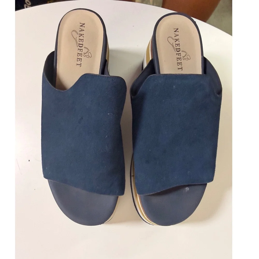 Naked Feet Flow Platform Slide Women 7.5M Navy Blue Excellent Suede Striped Sole
